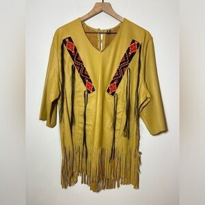 Native American Western Yellow Raw Leather Fringe Beaded War Shirt Sz XL 48